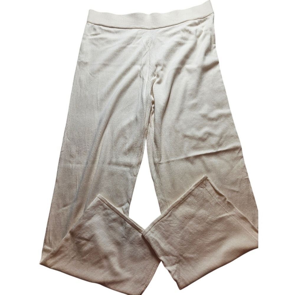 Anne Klein Cream Knit Wide Leg Lounge Pants Ribbed Waistband Off White Large